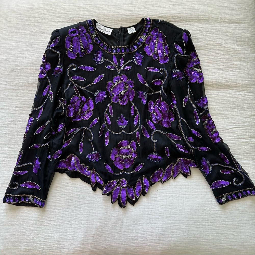 Vintage Sequin Top Lawrence Kazar size XL Purple and Black